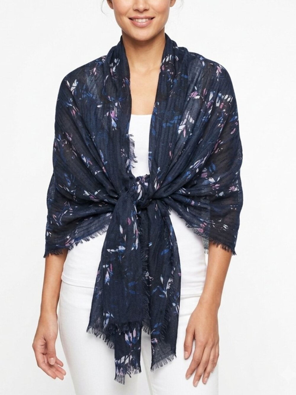Navy Floral Tassel Pashmina Style Wrap Scarf Shawl Large 34"x73" Fringe Boho